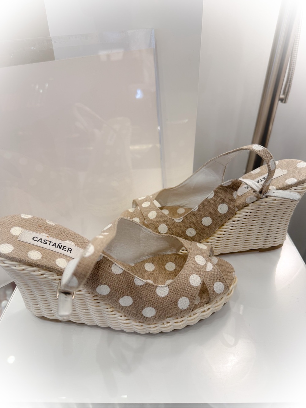 New Never worn Castanet Beige Polka Dot Espadrille Wedge Sandals Made in Spain